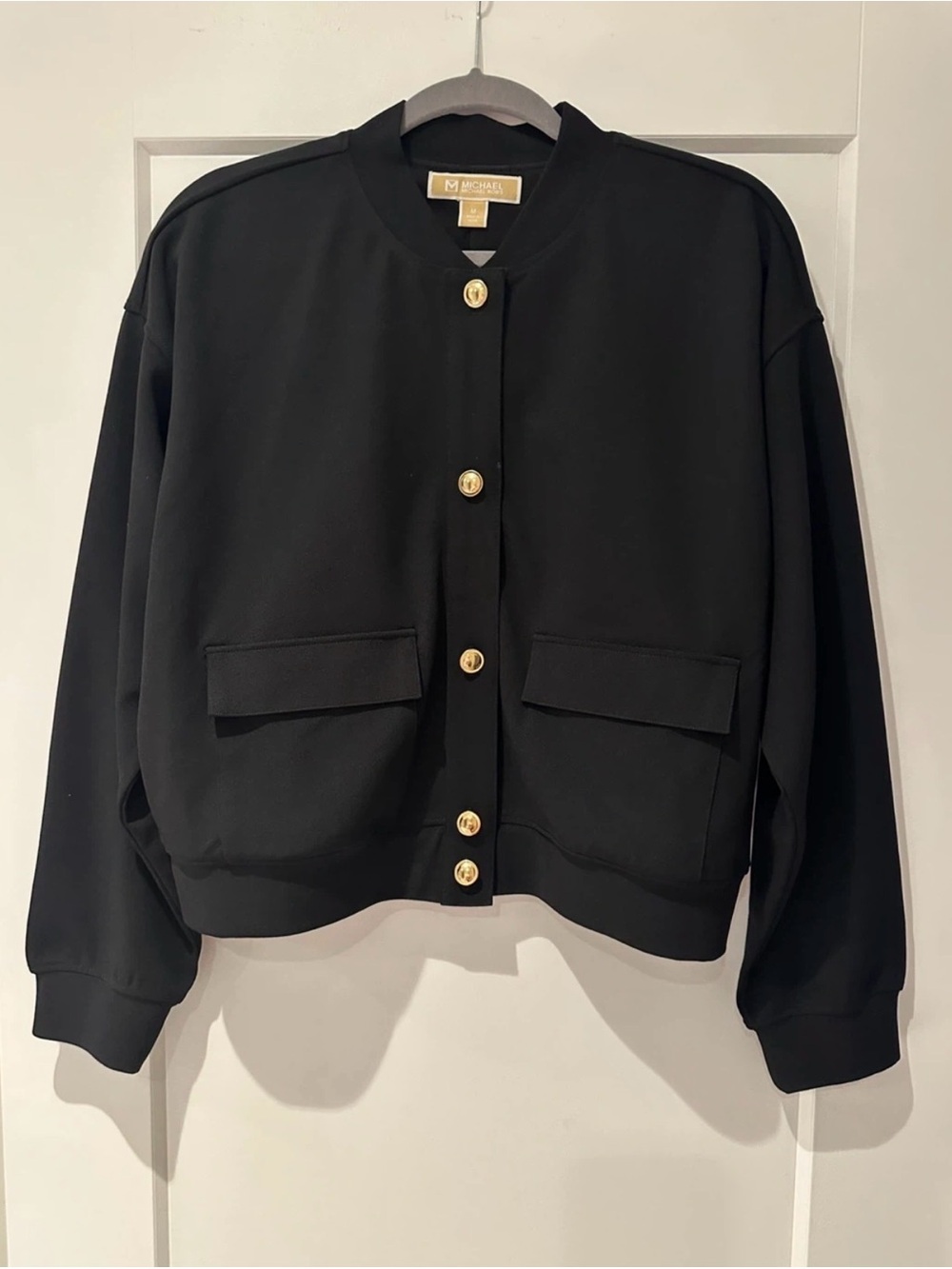 Michael Kors Black Bomber Jacket with Gold-Tone Buttons